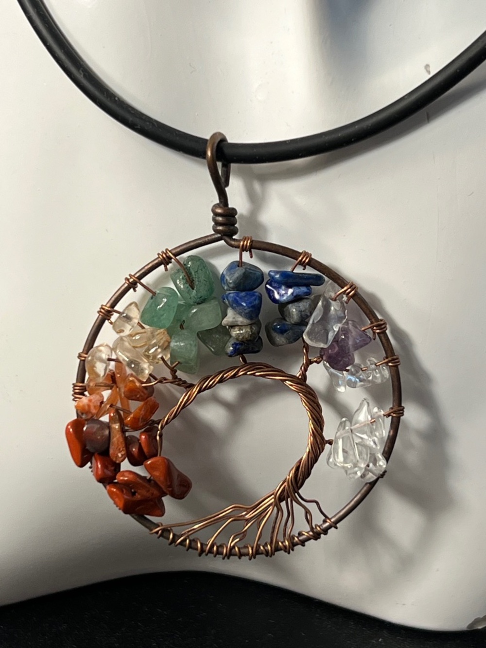 Twisted Copper Tree Of Life 2" Round Boho Real Multi Gemstone Black Cord Choker